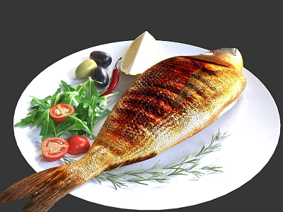 Grilled Whole Fish on White Plate with Fresh Tomatoes Olives Rosemary Lettuce and Lemon 3d model