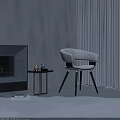 Modern White Leisure Chair With Black Wooden Legs In Living Room With Fireplace And Curtains
