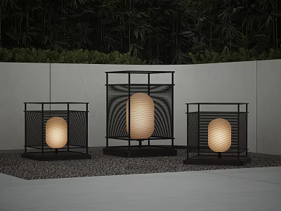 Modern Outdoor Lights With Black Frames Round Lantern Shades And Warm Glow In Garden 3d model