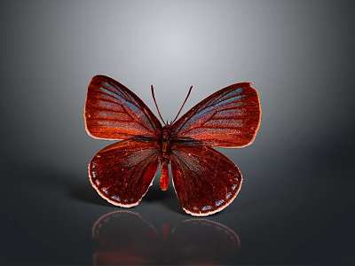 Red Butterfly With Shiny Wings On Gray Background And Reflection 3d model