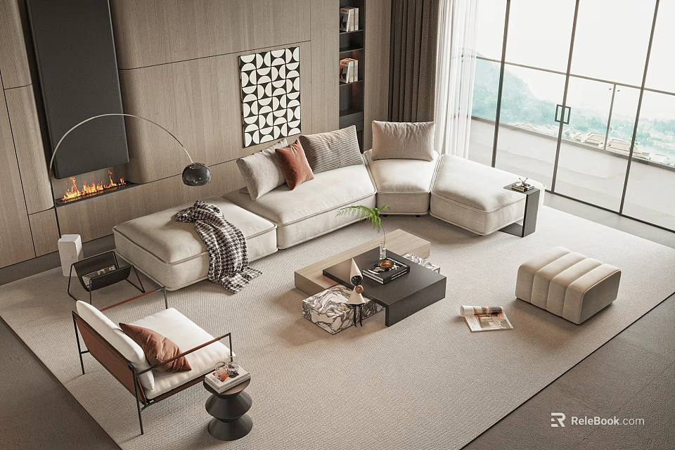 Modern Sofa and Coffee Table Set in Contemporary Living Room with Beige Upholstery Cushions and Fireplace 3d model 