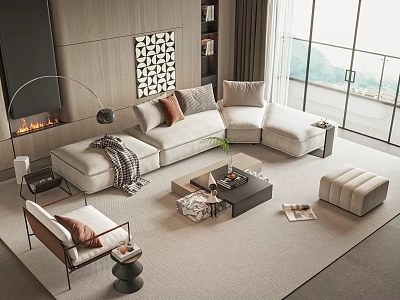 Modern Sofa and Coffee Table Set in Contemporary Living Room with Beige Upholstery Cushions and Fireplace 3d model