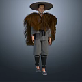 A Man With Large Straw Hat Brown Furry Shawl Gray Clothing And Two Different Angles