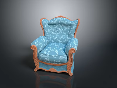 Elegant Vintage Blue Fabric Chair With Floral Pattern And Wooden Armrests 3d model