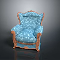 Elegant Vintage Blue Fabric Chair With Floral Pattern And Wooden Armrests