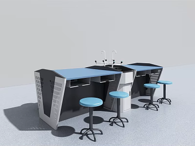 Modern Functional Desk Design With Blue Countertop Black Frame And Blue Stools 3d model