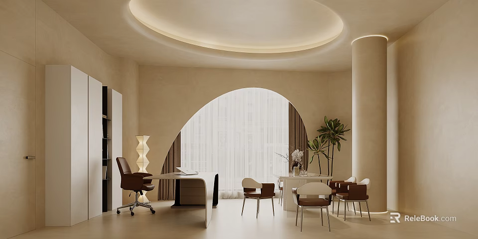 Modern Office Interior With Arched Window Circular Ceiling Light Desk Office Chair And Green Plant 3d model 