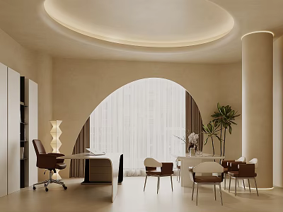 Modern Office Interior With Arched Window Circular Ceiling Light Desk Office Chair And Green Plant 3d model
