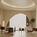 Modern Office Interior With Arched Window Circular Ceiling Light Desk Office Chair And Green Plant