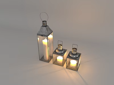 Lit Metallic Candle Lanterns in Various Sizes with Warm Glow for Home Decor 3d model