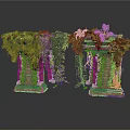 Decorative Stone Pillars Covered With Lush Green Vines And Small Plants