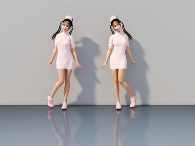 Two Women in Pink Nurse Uniforms with Nurse Caps and Pink Shoes on Shiny Floor 3d model