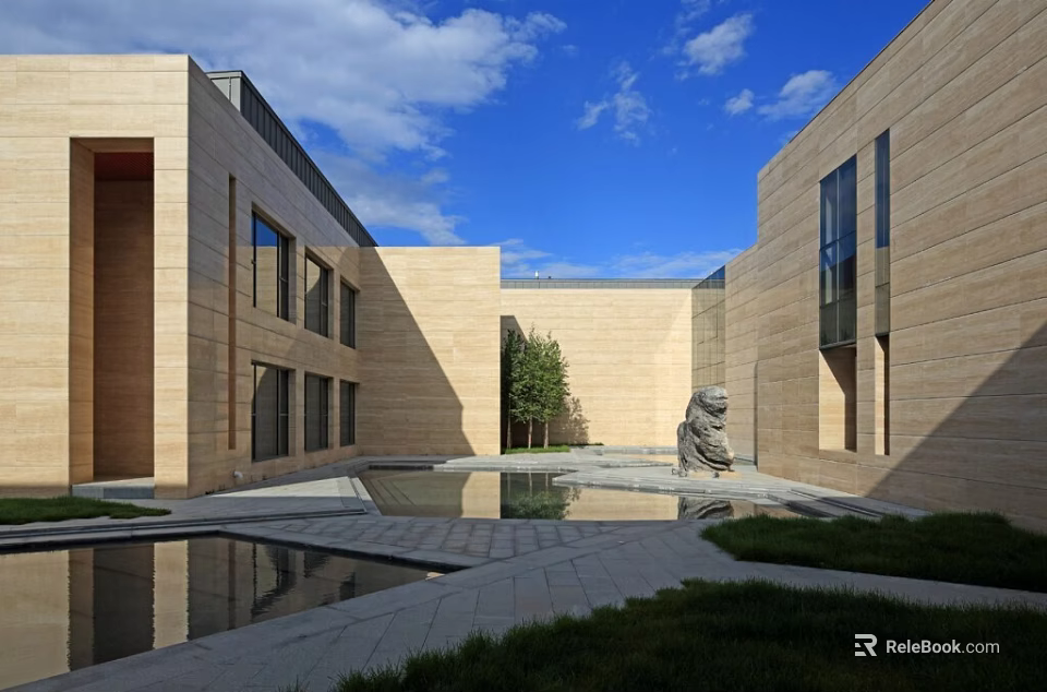Modern Architectural Courtyard With Pool Statue Grass And Blue Sky 3d model 