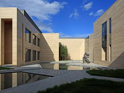 Modern Architectural Courtyard With Pool Statue Grass And Blue Sky 3d model