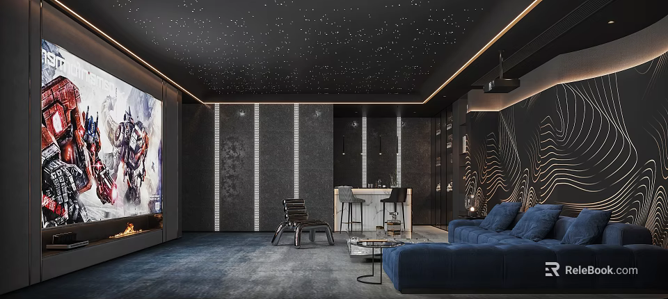 Modern Home Theater Room Interior With Starry Ceiling Large Screen Blue Sofa And Black Walls 3d model 