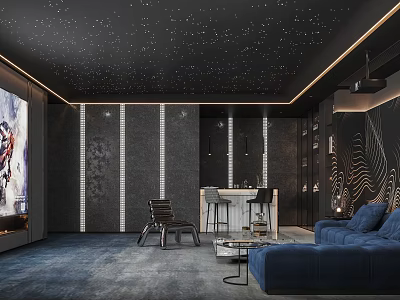 Modern Home Theater Room Interior With Starry Ceiling Large Screen Blue Sofa And Black Walls 3d model