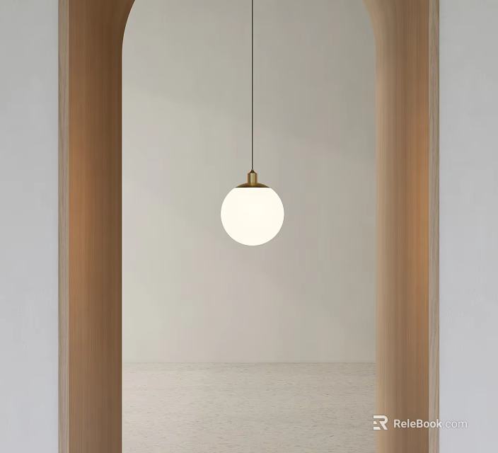 Minimalist White Spherical Pendant Light With Golden Base In Light Colored Background Wooden Door Frame 3d model 