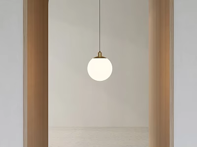 Minimalist White Spherical Pendant Light With Golden Base In Light Colored Background Wooden Door Frame 3d model