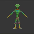 Anthropomorphic Fantasy Creature Character With Green Body Orange Hands And Red Decorations Standing Pose