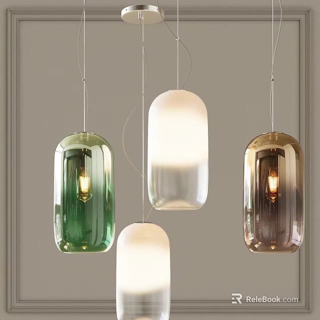 Modern Pendant Chandeliers with Green White and Amber Glass Cylindrical Shades in Interior Design 3d model 