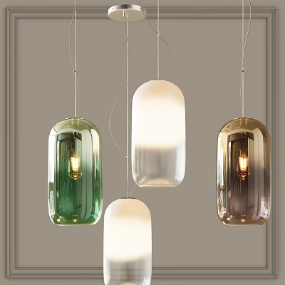 Modern Pendant Chandeliers with Green White and Amber Glass Cylindrical Shades in Interior Design 3d model