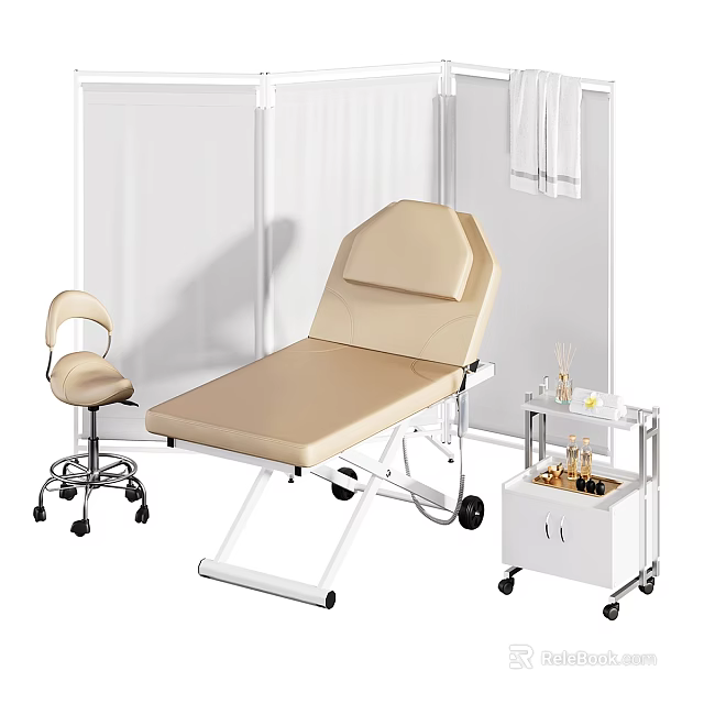 Beige Massage Chair in Spa Setting with Wheeled Trolley Aromatherapy Products and Towels 3d model 