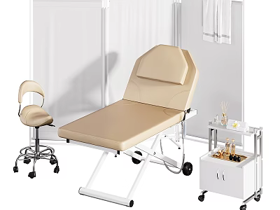 Beige Massage Chair in Spa Setting with Wheeled Trolley Aromatherapy Products and Towels 3d model
