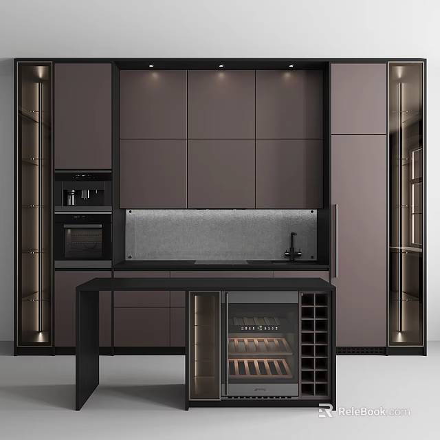Modern Kitchen Interior Design With Sleek Dark Cabinets Wine Rack And Countertop 3d model 