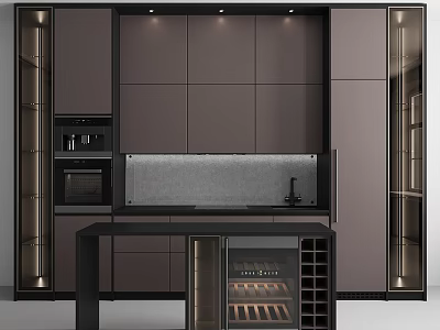 Modern Kitchen Interior Design With Sleek Dark Cabinets Wine Rack And Countertop 3d model