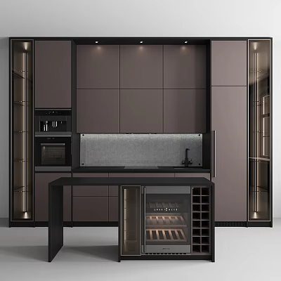Modern Kitchen Interior Design With Sleek Dark Cabinets Wine Rack And Countertop 3d model