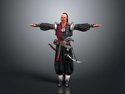 Man In Traditional Black Robe With Red Accents And Weapons Standing With Open Arms 3d model