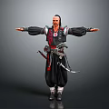 Man In Traditional Black Robe With Red Accents And Weapons Standing With Open Arms
