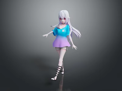 3D Woman Character With White Long Hair Blue Purple Top Purple Skirt Black Striped Stockings 3d model