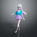 3D Woman Character With White Long Hair Blue Purple Top Purple Skirt Black Striped Stockings