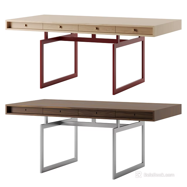Modern Desks with Light and Dark Tops Red and Silver Metal Frames and Drawers 3d model 