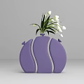 Purple Vase With White Lines Holding White Flowers And Green Leaves On Gray Background