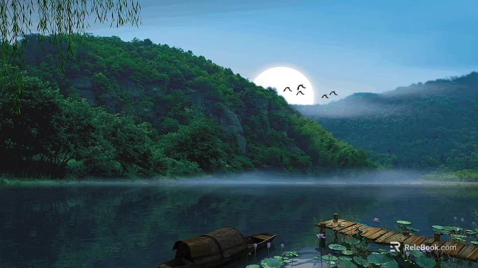 Green Mountains Full Moon Flying Birds Over Lake with Small Boat and Lotus Leaves 3d model 