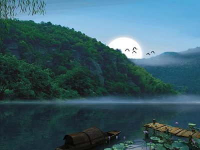 Green Mountains Full Moon Flying Birds Over Lake with Small Boat and Lotus Leaves 3d model