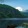 Green Mountains Full Moon Flying Birds Over Lake with Small Boat and Lotus Leaves