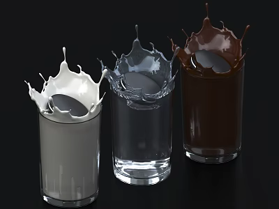 Glass with Splashing White Milk Clear Water and Brown Chocolate on Black Background 3d model