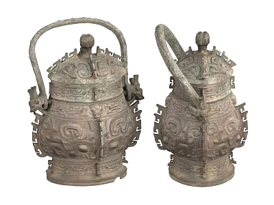 Pair of Traditional Ceramic Vessels With Intricate Patterns And Ornate Handles 3d model