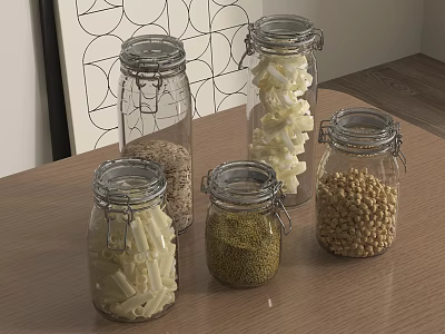 Clear Glass Spice Jars With Grains Beans And Pasta On Wooden Kitchen Countertop 3d model