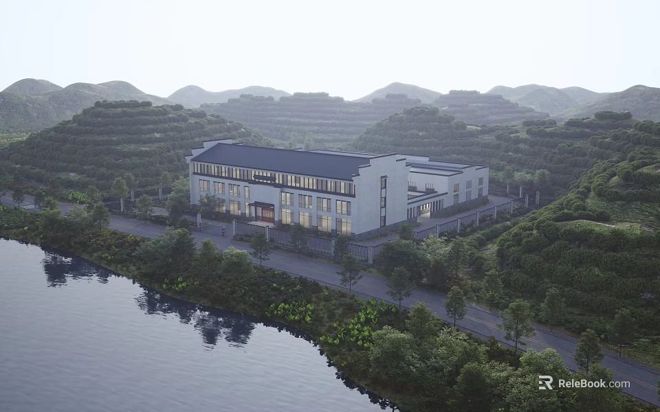 Industrial Factory with Modern White Exterior Dark Roof Surrounded by Green Hills River and Trees 3d model 