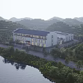 Industrial Factory with Modern White Exterior Dark Roof Surrounded by Green Hills River and Trees