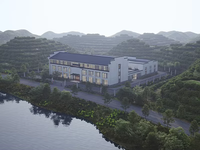 Industrial Factory with Modern White Exterior Dark Roof Surrounded by Green Hills River and Trees 3d model