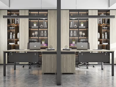 Modern Office Interior With Wooden Desks Laptops Bookshelves Cabinet Storage And Ceiling Lighting 3d model