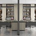 Modern Office Interior With Wooden Desks Laptops Bookshelves Cabinet Storage And Ceiling Lighting