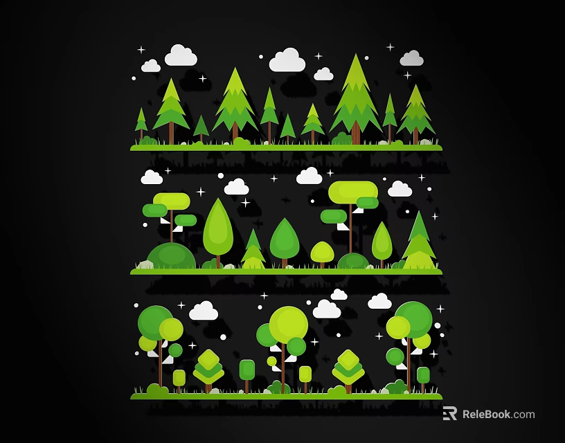 Cartoon Forest Illustrations Featuring Three Rows Of Green Trees Clouds And Stars 3d model