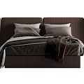 Modern Double Bed with Dark Brown Textured Headboard Pillows and Throw Blanket 3d model