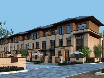 Modern Townhouse Exterior Design With Stone Facade Large Windows And Landscaped Garden 3d model